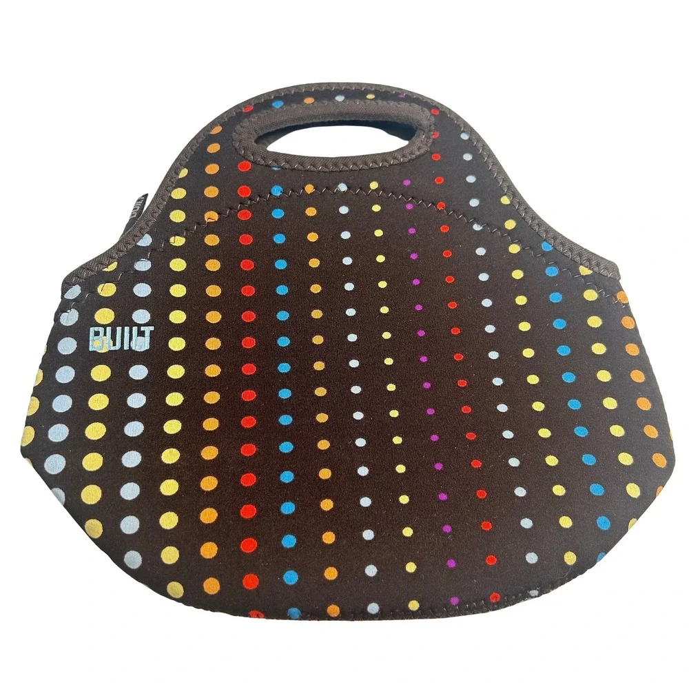 BUILT NY Gourmet Getaway Neoprene Lunch Tote Brown Rainbow Polka‎ Dot